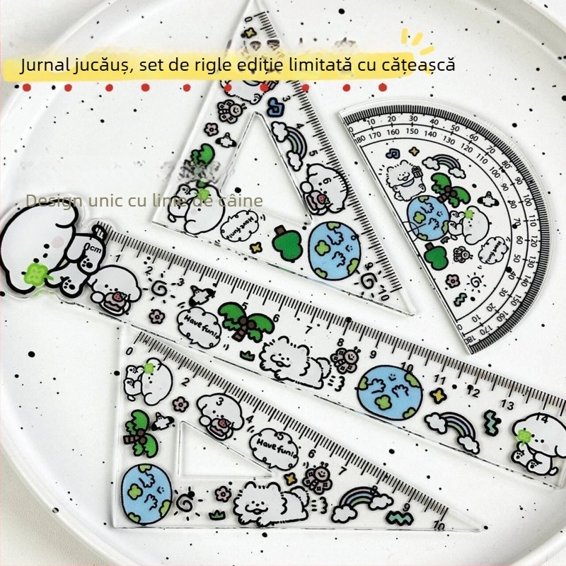 Set de rigle din plastic cu design graffiti cu pui — rigle centimetru pentru elevi, include riglă triunghiulară și riglă circulară