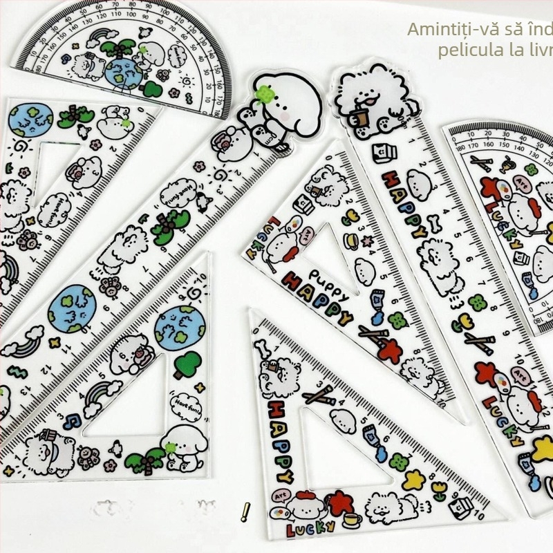 Set de rigle din plastic cu design graffiti cu pui — rigle centimetru pentru elevi, include riglă triunghiulară și riglă circulară