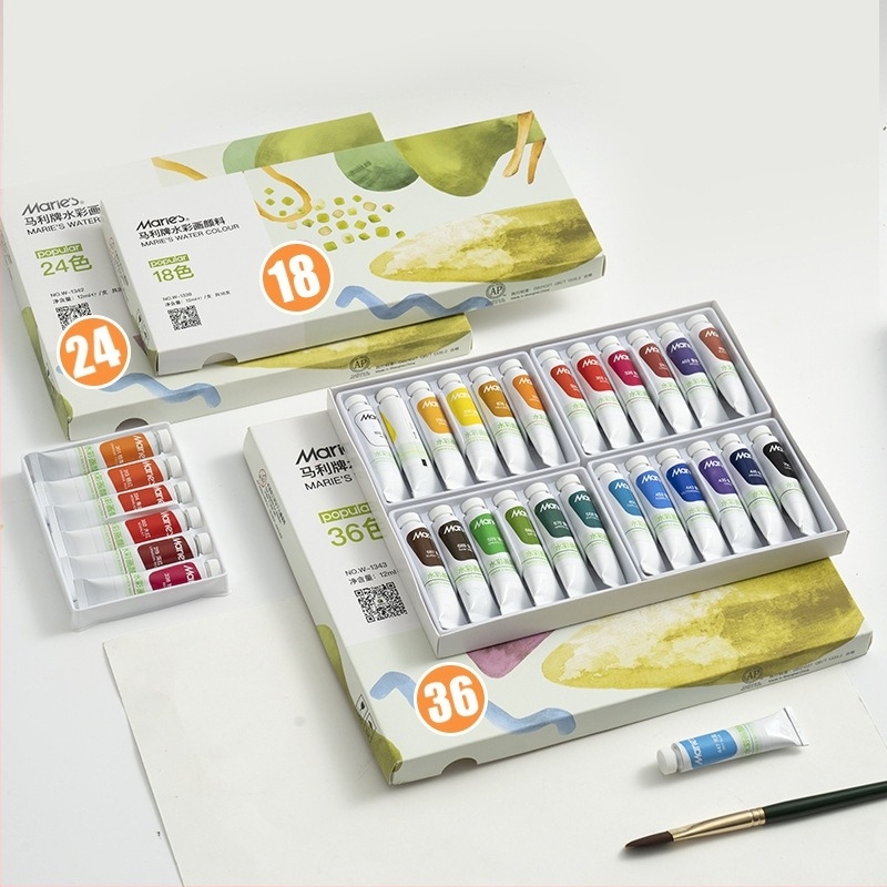 Set de acuarele Marie’s – pigmenți, 12 ml capacitate, pentru pictură în acuarelă