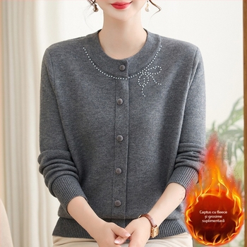 Pulover tricotat cu glugă pentru femei de vârstă mijlocie și în vârstă, căptușit cu fleece, guler rotund, mâneci lungi, croială lejeră, model fundă, țesătură poliester 80–90%