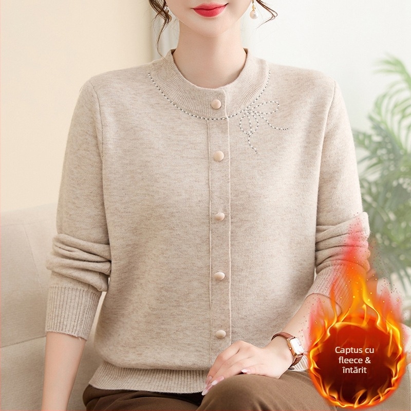 Pulover tricotat cu glugă pentru femei de vârstă mijlocie și în vârstă, căptușit cu fleece, guler rotund, mâneci lungi, croială lejeră, model fundă, țesătură poliester 80–90%