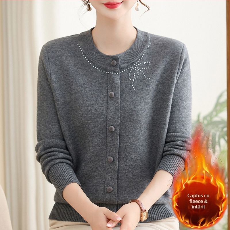 Pulover tricotat cu glugă pentru femei de vârstă mijlocie și în vârstă, căptușit cu fleece, guler rotund, mâneci lungi, croială lejeră, model fundă, țesătură poliester 80–90%