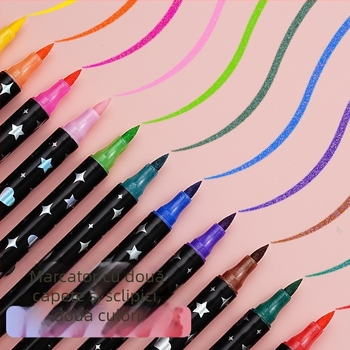 Set de markere cu două capete, cu efect glitter, pentru artă și graffiti – compatibil cu acuarelă