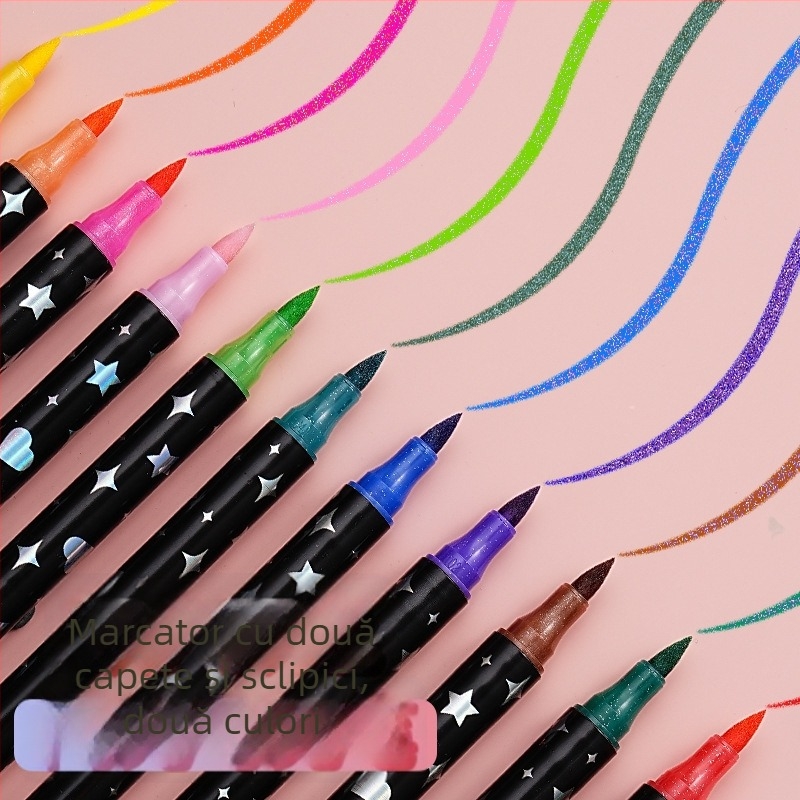 Set de markere cu două capete, cu efect glitter, pentru artă și graffiti – compatibil cu acuarelă