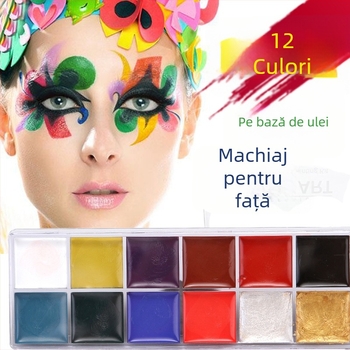 Set pentru pictură facială pentru copii, vopsele pe bază de ulei, cutie cu 12 culori, pentru scenă și Halloween (Brand Xu Peng; Material: Ulei; Capacitate: 100; Ambalaj: cutie cu 12 culori; Utilizare: pictură cu acuarele)