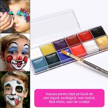 Set pentru pictură facială pentru copii, vopsele pe bază de ulei, cutie cu 12 culori, pentru scenă și Halloween (Brand Xu Peng; Material: Ulei; Capacitate: 100; Ambalaj: cutie cu 12 culori; Utilizare: pictură cu acuarele)