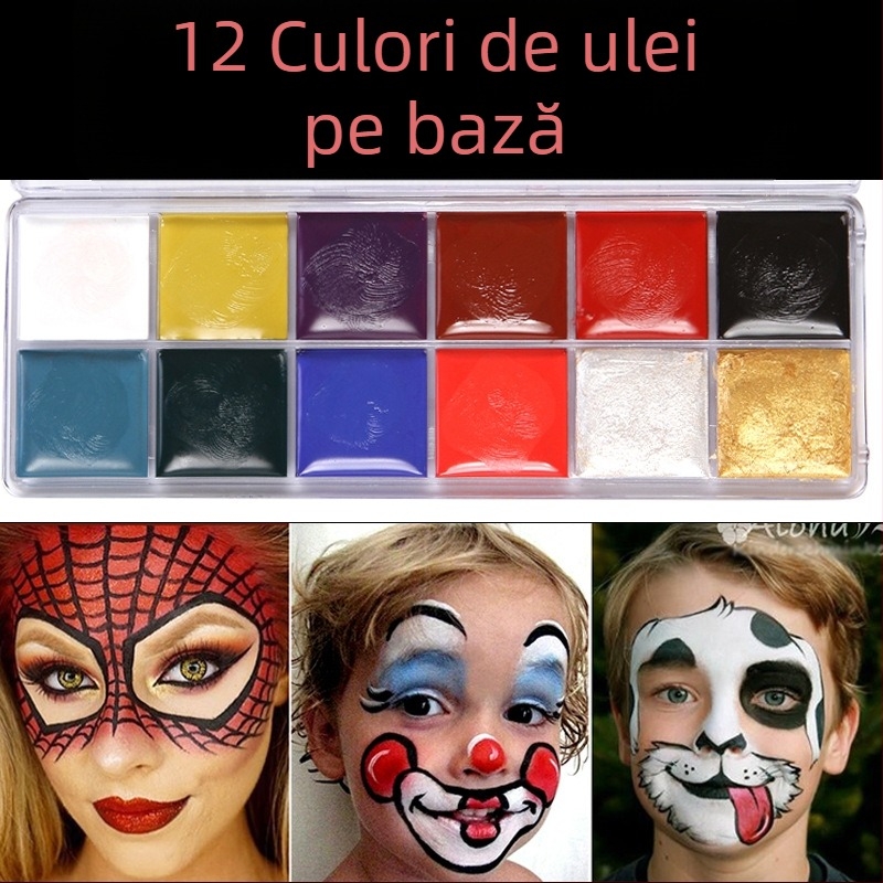 Set pentru pictură facială pentru copii, vopsele pe bază de ulei, cutie cu 12 culori, pentru scenă și Halloween (Brand Xu Peng; Material: Ulei; Capacitate: 100; Ambalaj: cutie cu 12 culori; Utilizare: pictură cu acuarele)