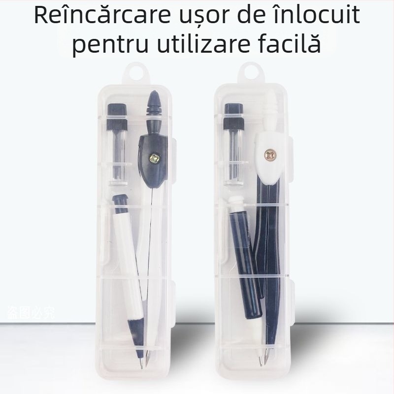 Două seturi de compas educațional cu instrumente de desen și măsurare, construcție din metal, specificații standard, ambalaj standard