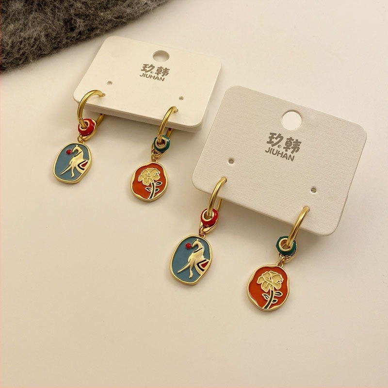 Jiuhan clipsuri pentru urechi – smalț dublu, design cu ponei și floare, cupru electroplătat, stil feminin pastoral