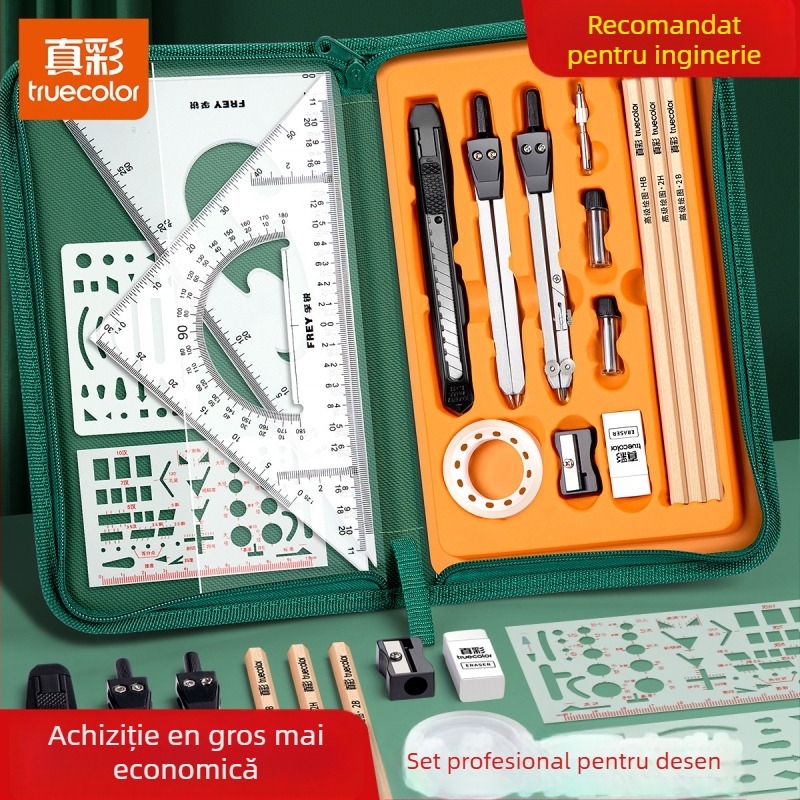 Set metal pentru desen mecanic, 23 piese, pentru inginerie civilă și desen arhitectural