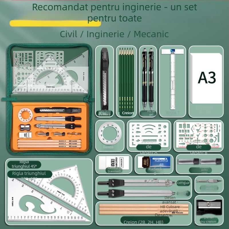 Set metal pentru desen mecanic, 23 piese, pentru inginerie civilă și desen arhitectural