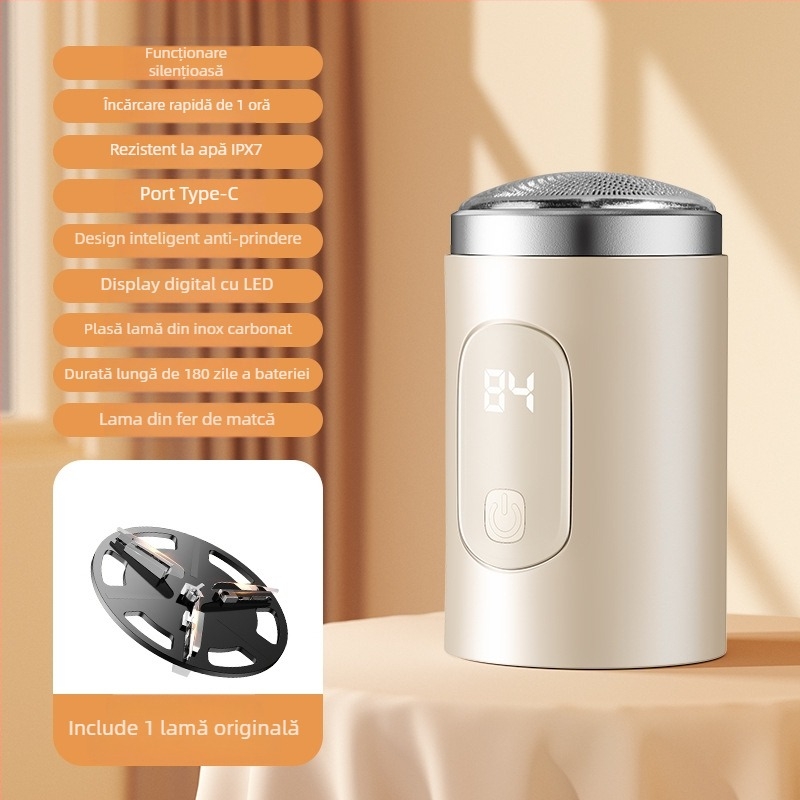 Aparat de ras electric pentru bărbați cu motor fără perii, cap de tăiere cu trei inele plutitoare și 18 lame, încărcare USB‑C rapidă, baterie încorporată 500–800 mAh, autonomie peste 60 de minute
