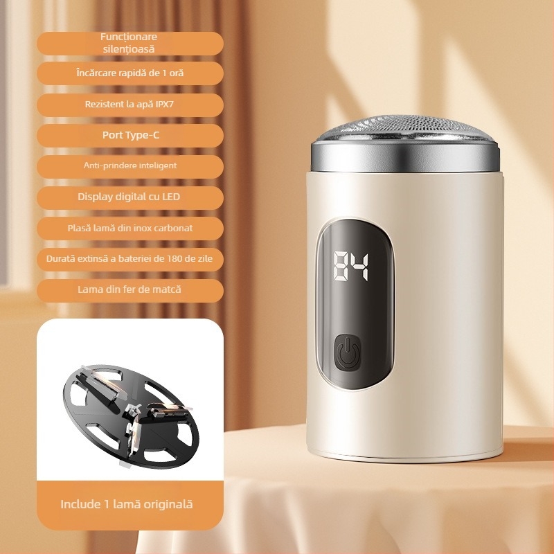Aparat de ras electric pentru bărbați cu motor fără perii, cap de tăiere cu trei inele plutitoare și 18 lame, încărcare USB‑C rapidă, baterie încorporată 500–800 mAh, autonomie peste 60 de minute