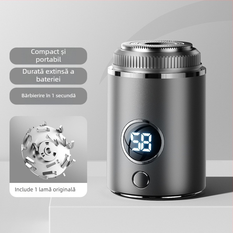 Aparat de ras electric pentru bărbați cu motor fără perii, cap de tăiere cu trei inele plutitoare și 18 lame, încărcare USB‑C rapidă, baterie încorporată 500–800 mAh, autonomie peste 60 de minute