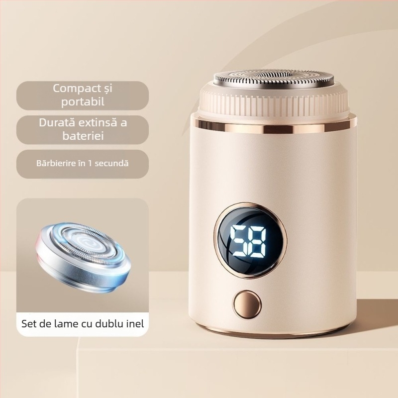 Aparat de ras electric pentru bărbați cu motor fără perii, cap de tăiere cu trei inele plutitoare și 18 lame, încărcare USB‑C rapidă, baterie încorporată 500–800 mAh, autonomie peste 60 de minute