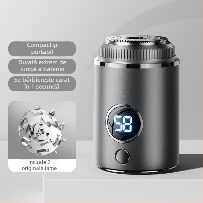 Aparat de ras electric pentru bărbați cu motor fără perii, cap de tăiere cu trei inele plutitoare și 18 lame, încărcare USB‑C rapidă, baterie încorporată 500–800 mAh, autonomie peste 60 de minute