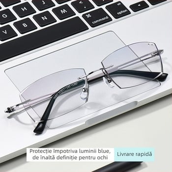 Ochelari fără ramă pentru bărbați cu prezbiopie, compatibili cu miopia, lentile PC, asferici, protecție UV, anti-lumină albastră