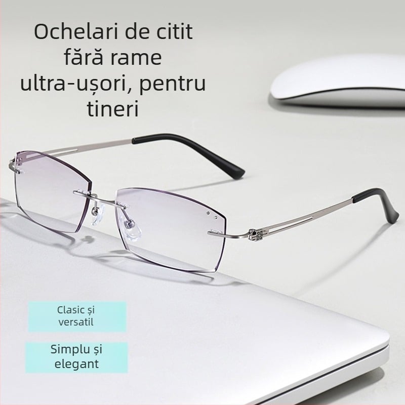 Ochelari fără ramă pentru bărbați cu prezbiopie, compatibili cu miopia, lentile PC, asferici, protecție UV, anti-lumină albastră