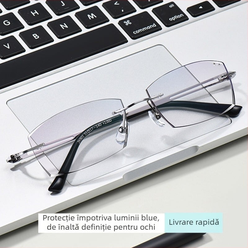 Ochelari fără ramă pentru bărbați cu prezbiopie, compatibili cu miopia, lentile PC, asferici, protecție UV, anti-lumină albastră