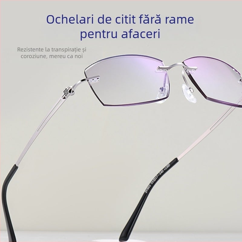 Ochelari fără ramă pentru bărbați cu prezbiopie, compatibili cu miopia, lentile PC, asferici, protecție UV, anti-lumină albastră
