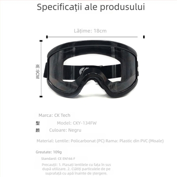 Ochelari de protecție CKY-134FW cu anti-aburire, protecție la praf, vânt, stropire și impact; Material PC; Grosime lentile 1 mm; Standard GB 14866-2006