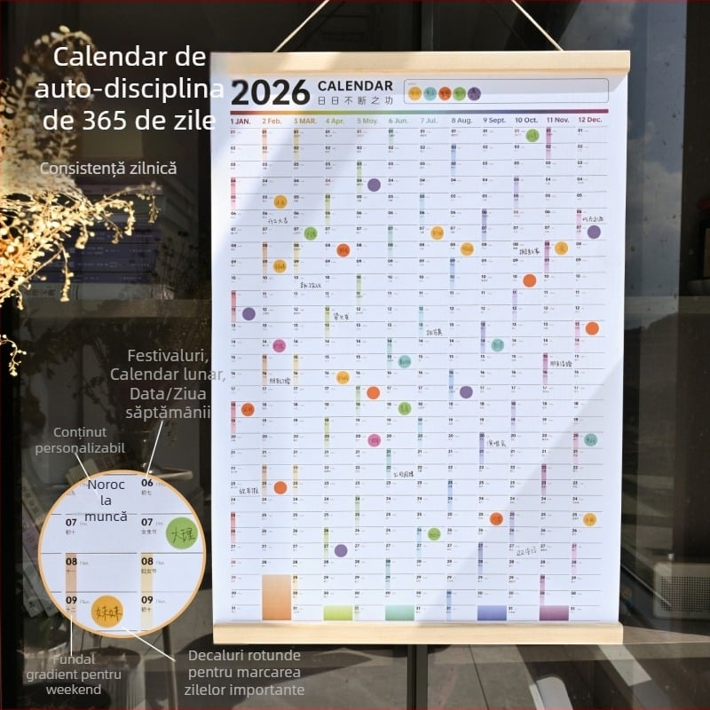 Calendar de perete pentru auto-disciplina, copertă tare, hârtie specială, an întreg, design simplu și modern