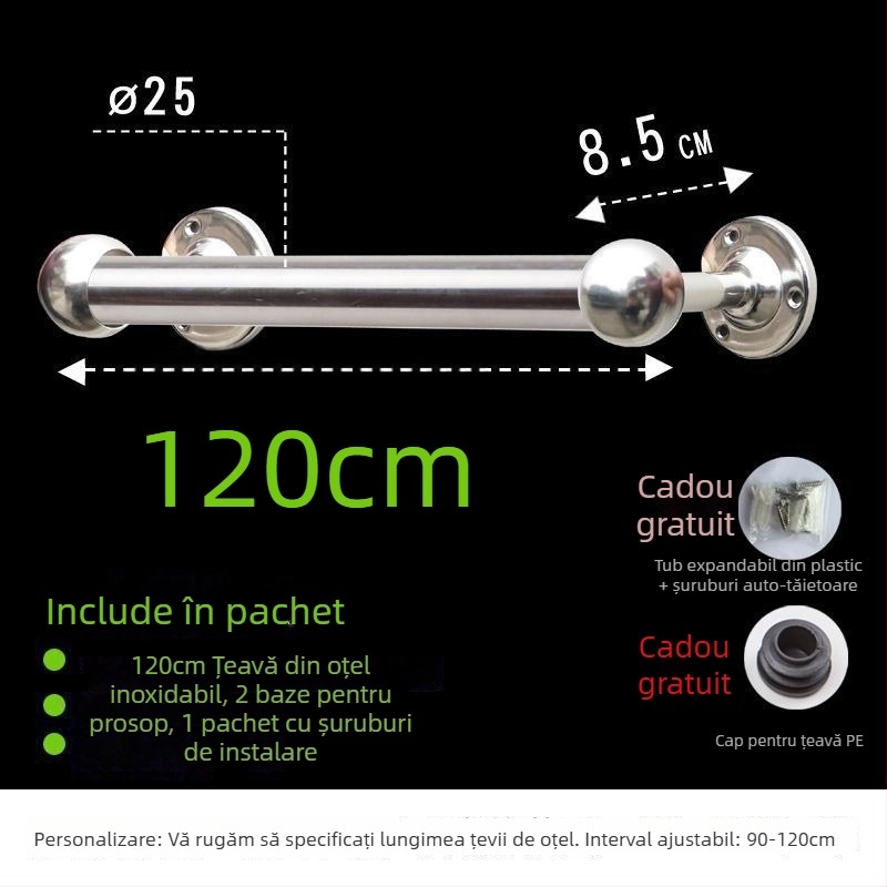 Bară pentru prosoape din oțel inoxidabil 304, grosime și extinsă, pentru baie, certificat CE, braț unic, marca Kuyi