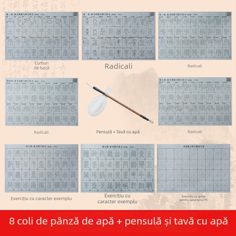 Set de practică pentru caligrafie: Font Seal Script, videoclip ghidat cu trasări sincronizate și radicali, pânză de scris cu apă, set pensule