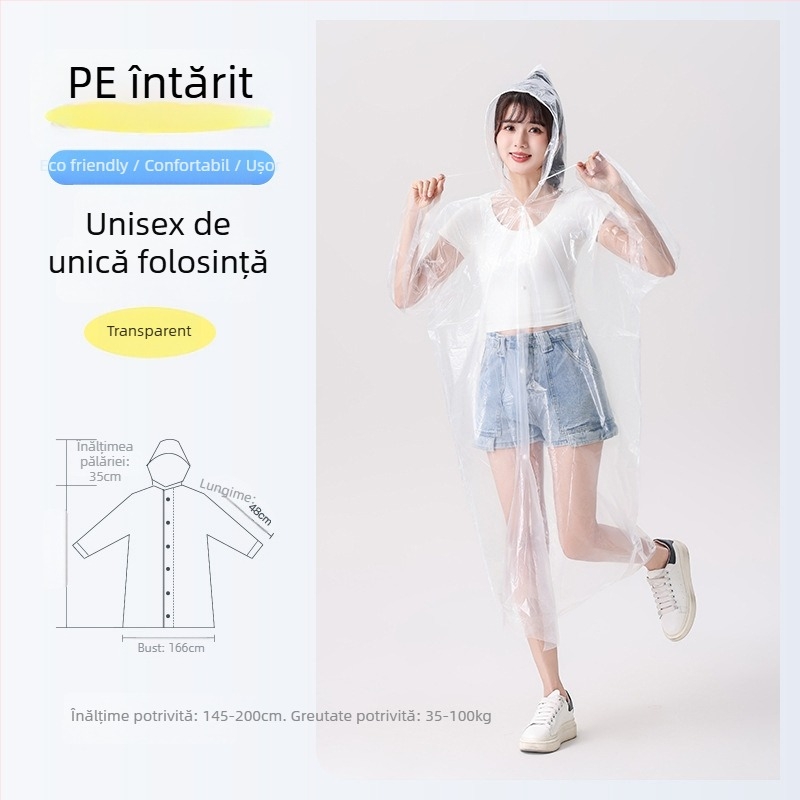 Pelerină de ploaie de unică folosință, îngroșată și prelungită, rezistentă la explozii, transparentă, țesătură PE, 110 g, pentru adulți, poncho de drumeție
