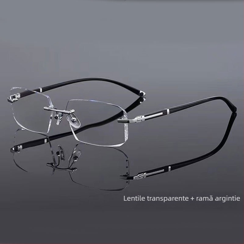 Ochelari de citit fără ramă, margine albastru-diamant, protecție împotriva luminii albastre și radiațiilor, unisex, stil business, anti-oboseală