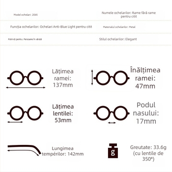 Ochelari de citit fără ramă cu lentile gradient, anti-lumină albastră, anti-radiatie, lentile asferice, lentile PC, ramă metalică