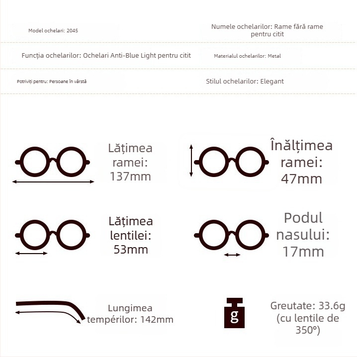 Ochelari de citit fără ramă cu lentile gradient, anti-lumină albastră, anti-radiatie, lentile asferice, lentile PC, ramă metalică