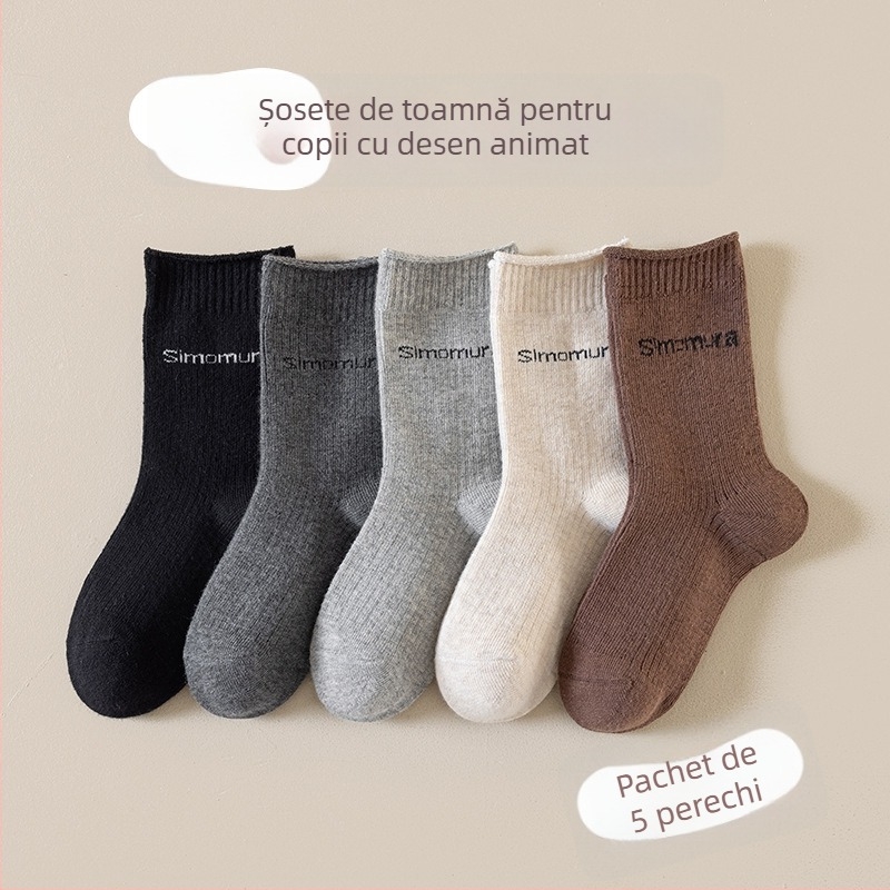 Șosete pentru copii cu litere în stil coreean, bumbac respirabil, înălțimea tubului medie, 5 perechi în pachet, pentru copii 3–8 ani