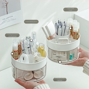 Cutie de depozitare pentru birou cu compartimente rotative pentru documente și cosmetic, model B54310, din plastic (100% material nou), acoperire cu grilaj, stil modern minimalist