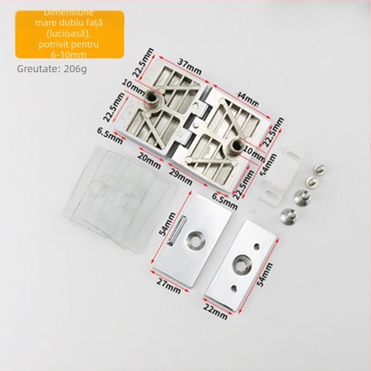 Balama pentru uși de sticlă în dulapuri vitrinate, aliaj de zinc, finisaj periat și lucios, stil modern minimalist, montaj pe o singură parte și bilateral