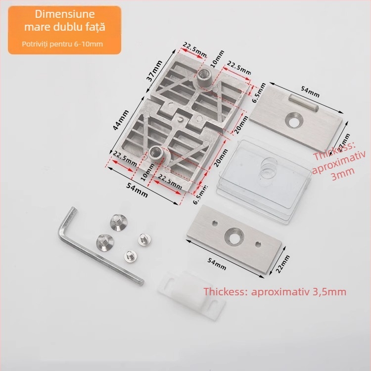 Balama pentru uși de sticlă în dulapuri vitrinate, aliaj de zinc, finisaj periat și lucios, stil modern minimalist, montaj pe o singură parte și bilateral