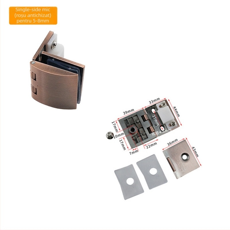 Balama pentru uși de sticlă în dulapuri vitrinate, aliaj de zinc, finisaj periat și lucios, stil modern minimalist, montaj pe o singură parte și bilateral