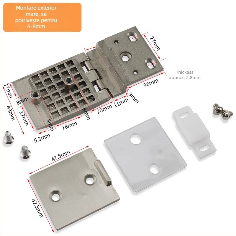 Balama pentru uși de sticlă în dulapuri vitrinate, aliaj de zinc, finisaj periat și lucios, stil modern minimalist, montaj pe o singură parte și bilateral