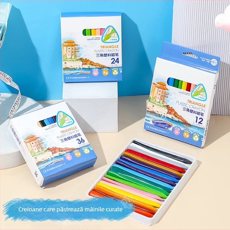 Creioane cerate triunghiulare din plastic pentru copii – ștergibile, fără logo imprimat, fără import