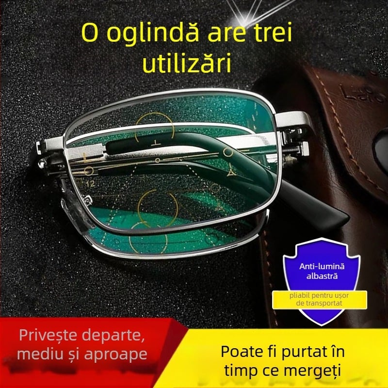 Ochelari pliabili progresivi pentru prezbiopie, lentile fotocromice, protecție împotriva luminii albastre, lentile asferice