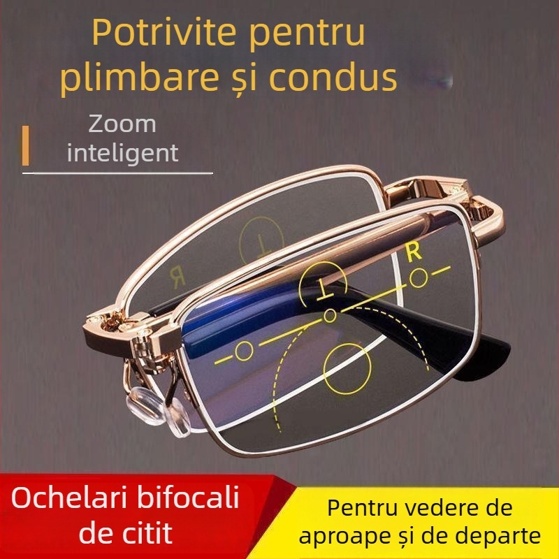 Ochelari de lectură unisex cu ramă metalică, pliabili, lentile din rășină cu anti-radiație, multifocale, cadru complet, utilizare duală distanță/apropiere