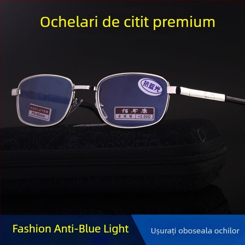 Ochelari de citit cu ramă metalică și lentile din rășină, protecție împotriva luminii albastre, ramă pătrată, unisex, compatibili cu miopia