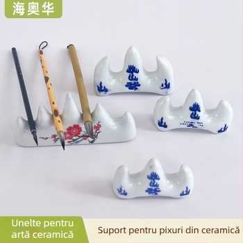 Suport ceramic pentru pensule, cu formă de munte, stil porțelan albastru-alb, pentru pictură și predare artă
