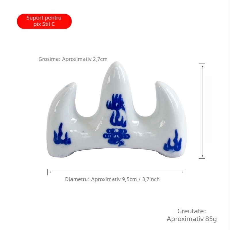 Suport ceramic pentru pensule, cu formă de munte, stil porțelan albastru-alb, pentru pictură și predare artă