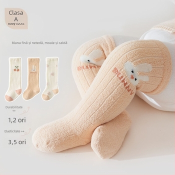 Șosete pentru sugari și copii mici cu model desen animat, lungi până la genunchi, căptușite cu fleece, tricot Jacquard, 98% poliester, de iarnă