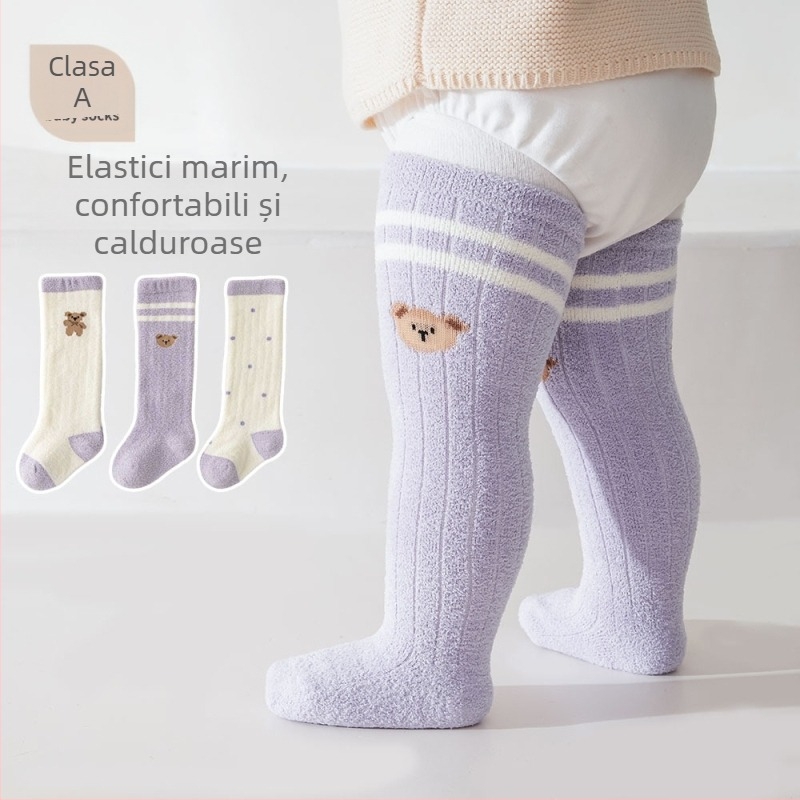 Șosete pentru sugari și copii mici cu model desen animat, lungi până la genunchi, căptușite cu fleece, tricot Jacquard, 98% poliester, de iarnă