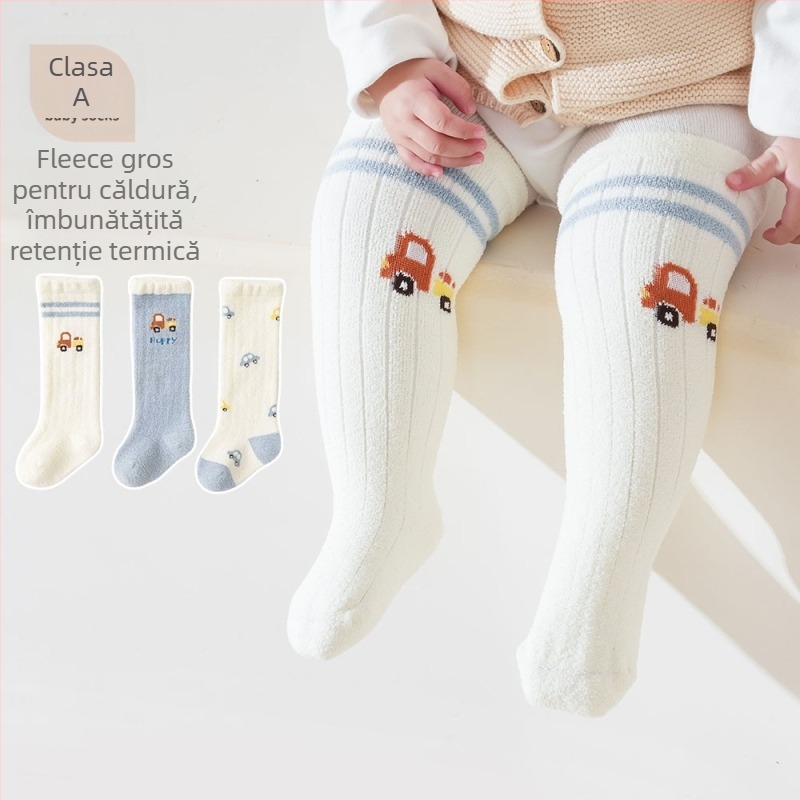 Șosete pentru sugari și copii mici cu model desen animat, lungi până la genunchi, căptușite cu fleece, tricot Jacquard, 98% poliester, de iarnă