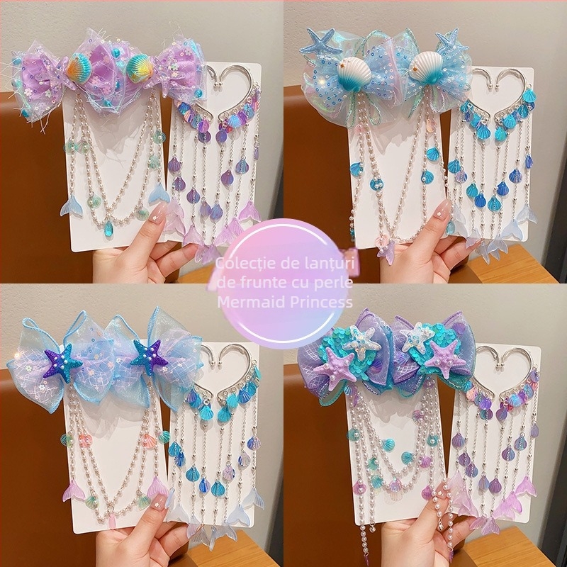 Accesoriu de păr pentru copii cu sirenă – stil antic, model cu floare, agrafă pentru frunte cu lanț și cârlige pentru urechi