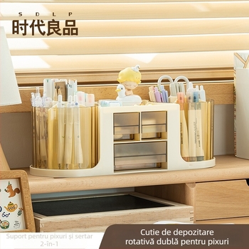 Suport pentru pixuri cu capacitate mare, sertar, spațiu dublu rotativ, organizator circular pentru birou în design lux discret