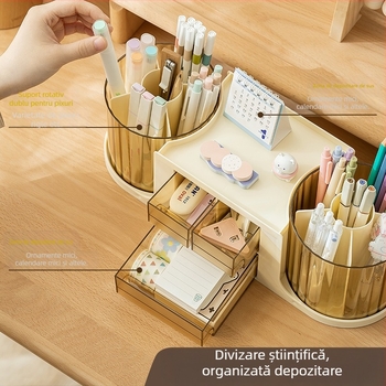 Suport pentru pixuri cu capacitate mare, sertar, spațiu dublu rotativ, organizator circular pentru birou în design lux discret